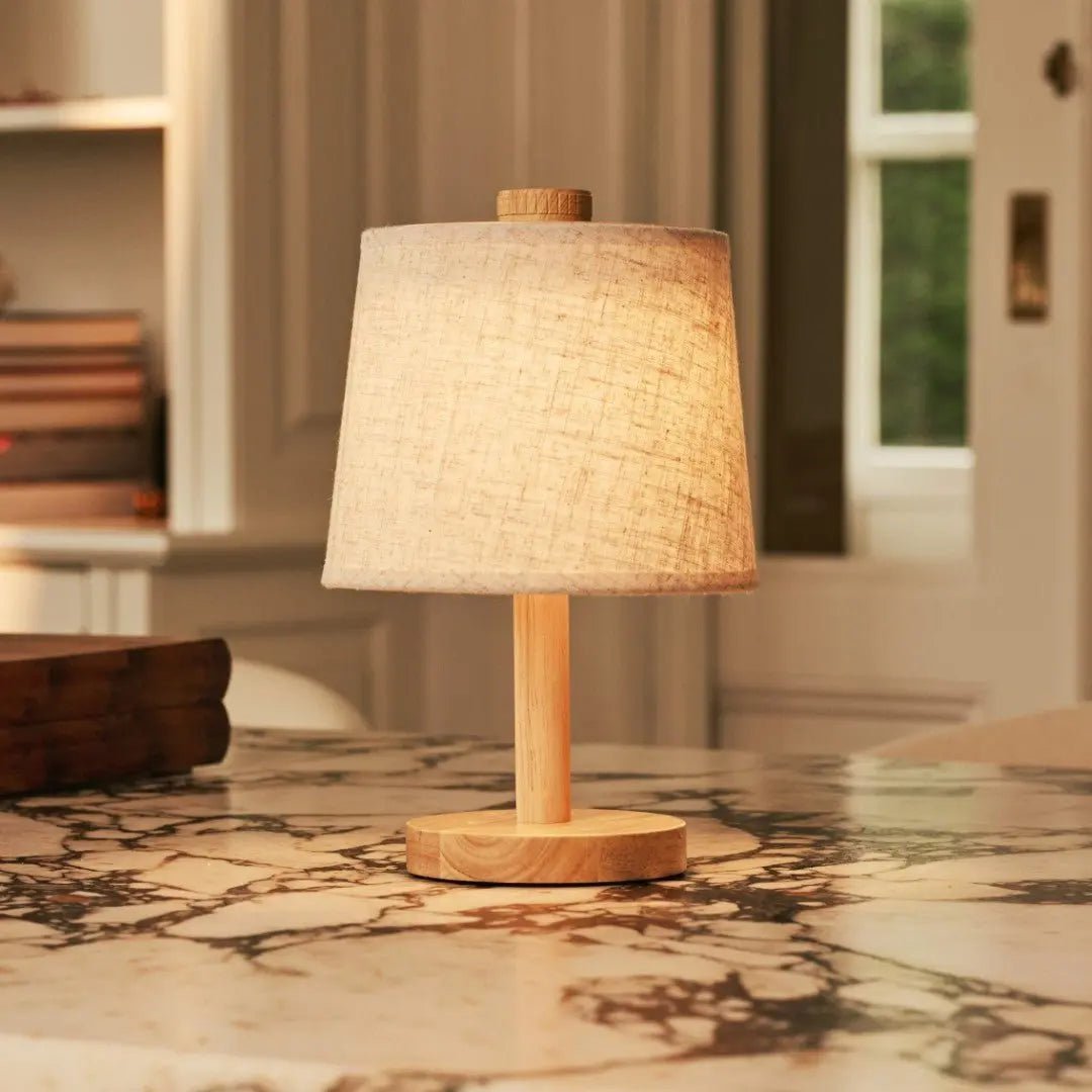 Rover Light Brown Wooden Rechargeable Lamp | Cordless, Dimmable & Linen Blend - LUXONAS HOME