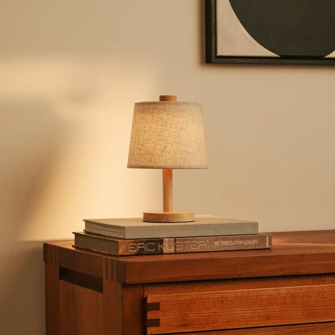 Rover Light Brown Wooden Rechargeable Lamp | Cordless, Dimmable & Linen Blend - LUXONAS HOME