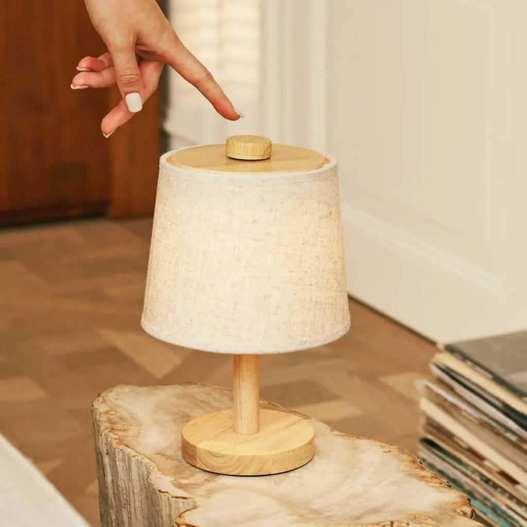 Rover Light Brown Wooden Rechargeable Lamp | Cordless, Dimmable & Linen Blend - LUXONAS HOME