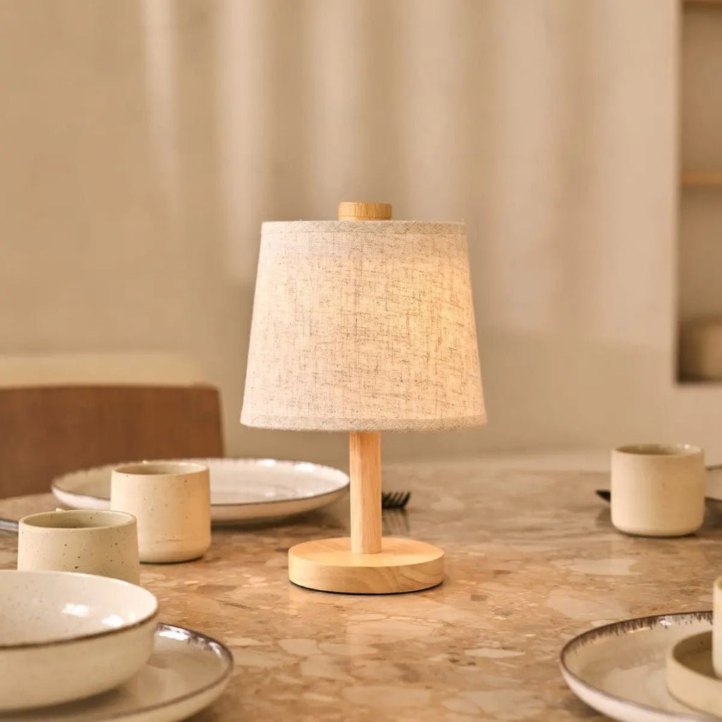 Rover Light Brown Wooden Rechargeable Lamp | Cordless, Dimmable & Linen Blend - LUXONAS HOME