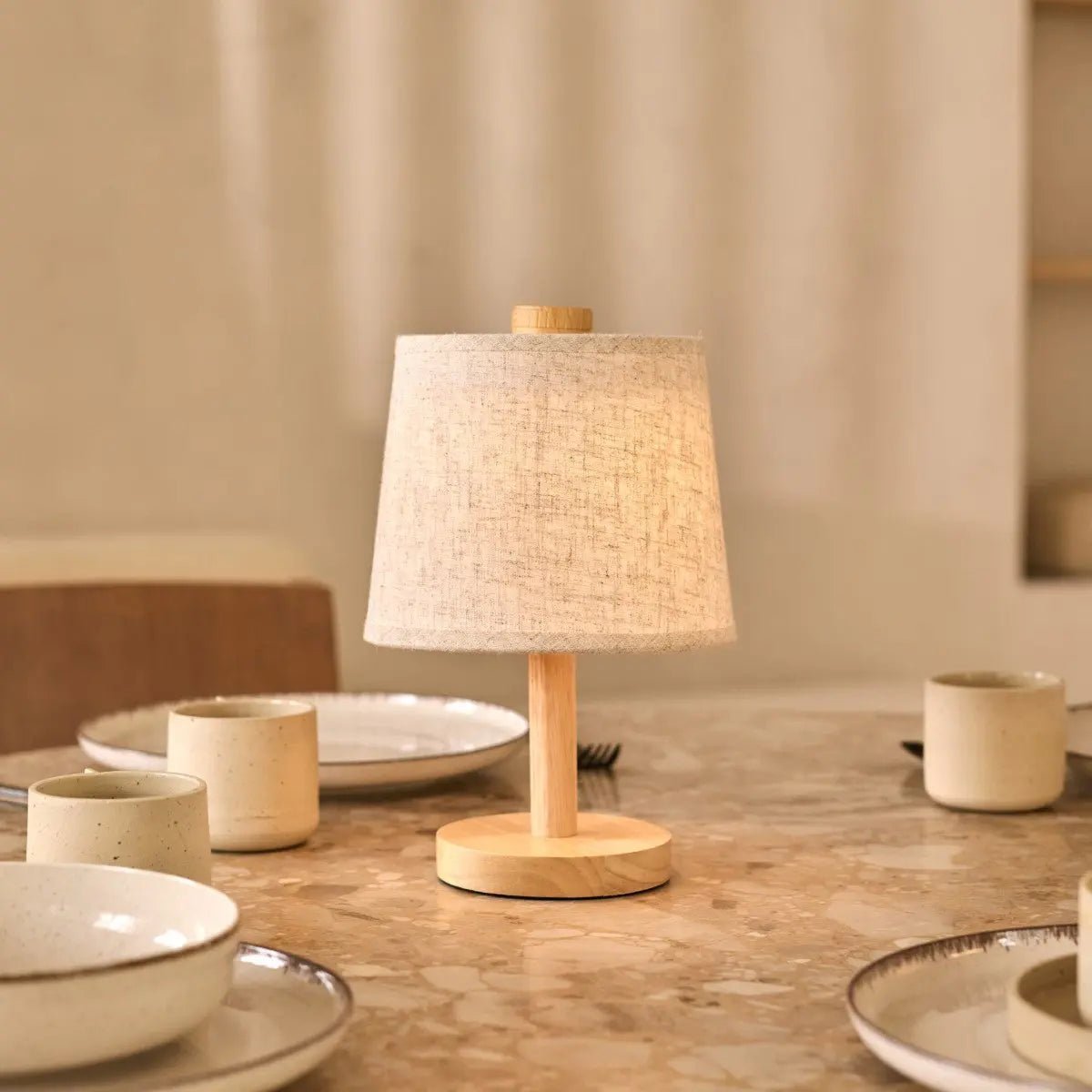 Rover Light Brown Wooden Rechargeable Lamp | Cordless, Dimmable & Linen Blend - LUXONAS HOME