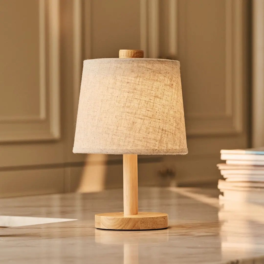 Rover Light Brown Wooden Rechargeable Lamp | Cordless, Dimmable & Linen Blend - LUXONAS HOME