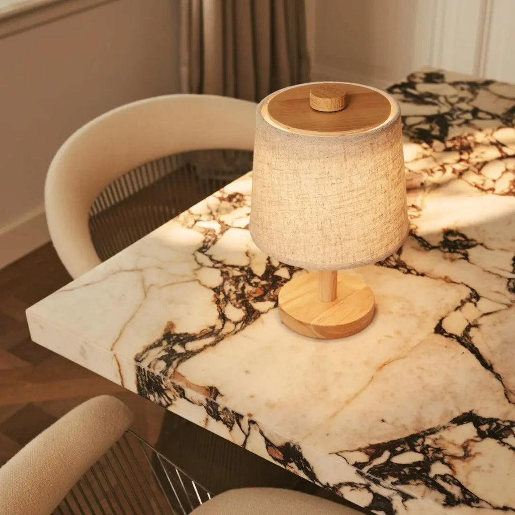 Rover Light Brown Wooden Rechargeable Lamp | Cordless, Dimmable & Linen Blend - LUXONAS HOME