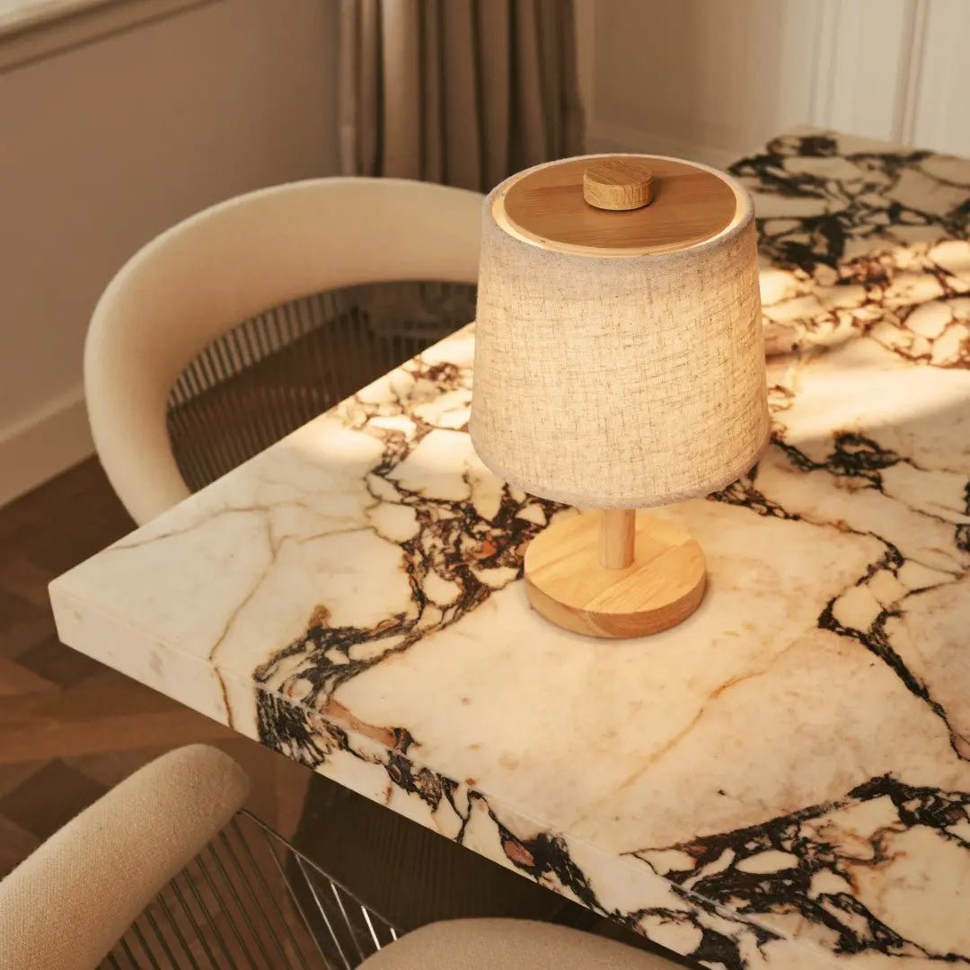 Rover Light Brown Wooden Rechargeable Lamp | Cordless, Dimmable & Linen Blend - LUXONAS HOME