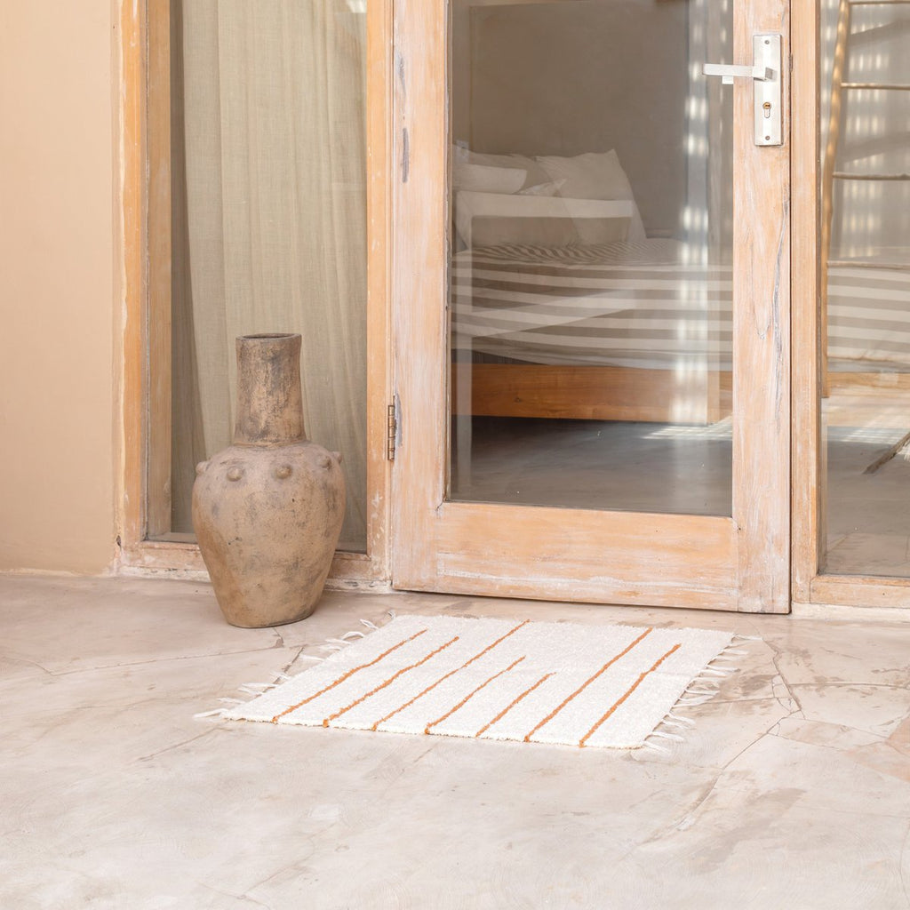 Rug Made from White Cotton with Brown Stripes 64x51 cm Handwoven Floormat GIANYAR - LUXONAS HOME