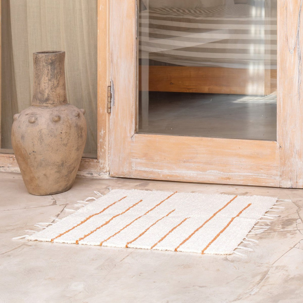 Rug Made from White Cotton with Brown Stripes 64x51 cm Handwoven Floormat GIANYAR - LUXONAS HOME