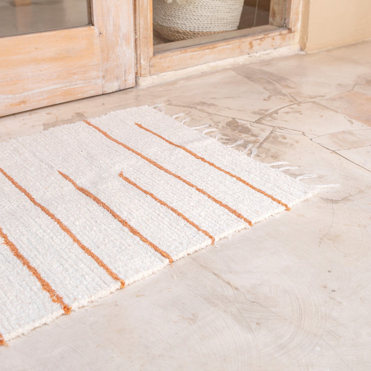 Rug Made from White Cotton with Brown Stripes 64x51 cm Handwoven Floormat GIANYAR - LUXONAS HOME