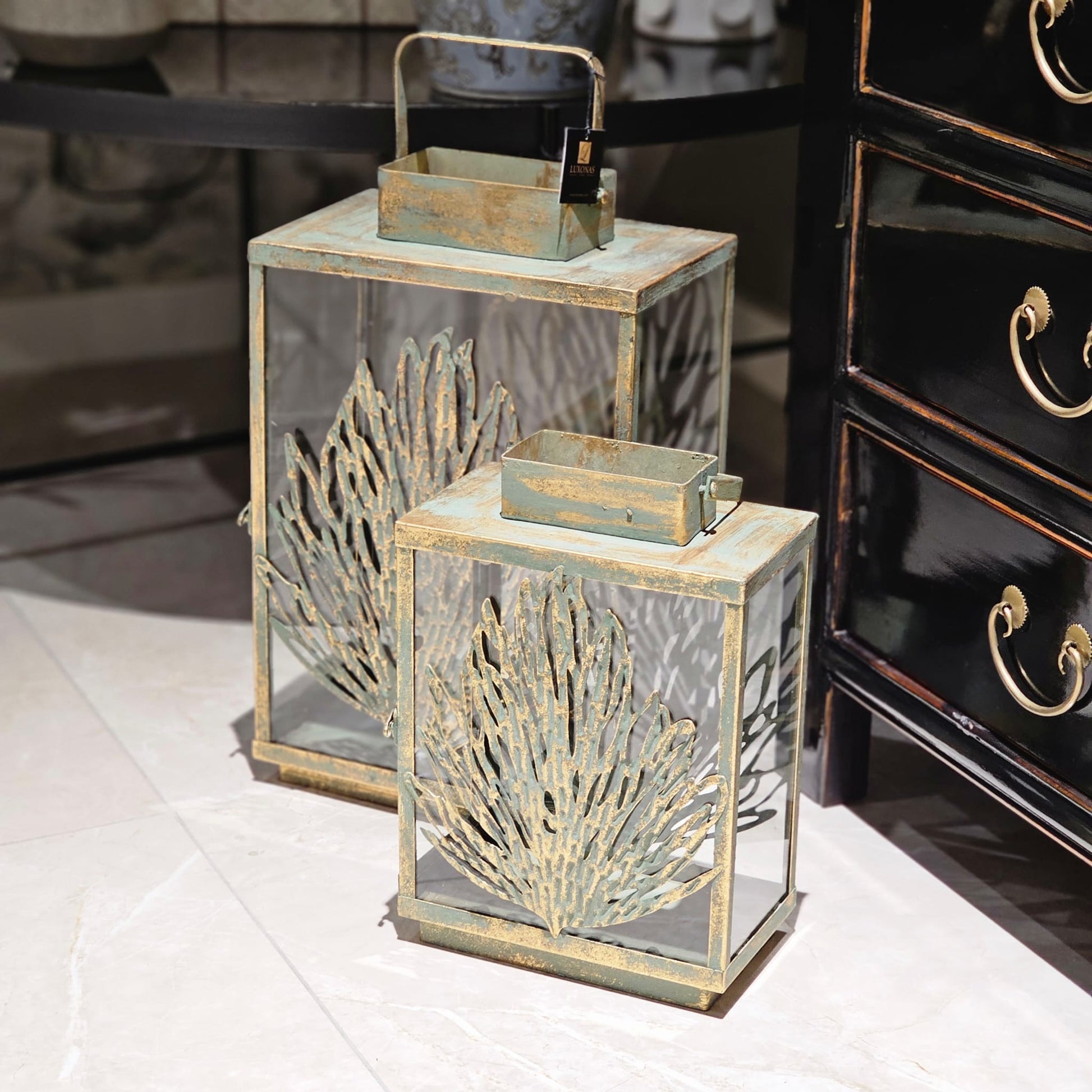 S/2 Distressed Gold Lanterns - LUXONAS