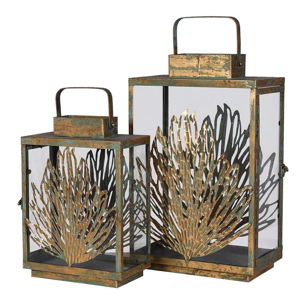 Set of 2 Distressed Gold Lanterns