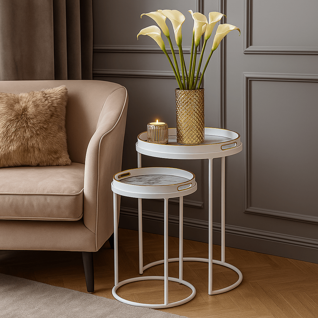 S/2 White & Blue Landscape Tray Tables - LUXONAS