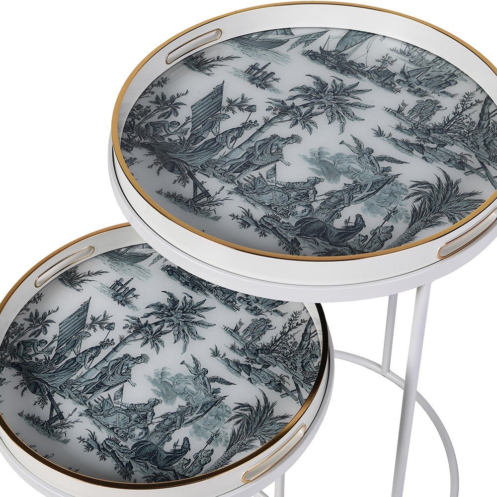 S/2 White & Blue Landscape Tray Tables - LUXONAS