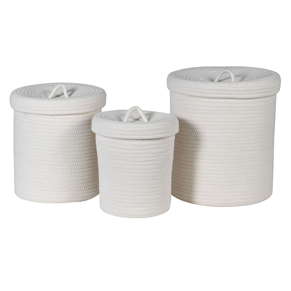 S/3 White Cotton Rope Baskets w/Lid - LUXONAS