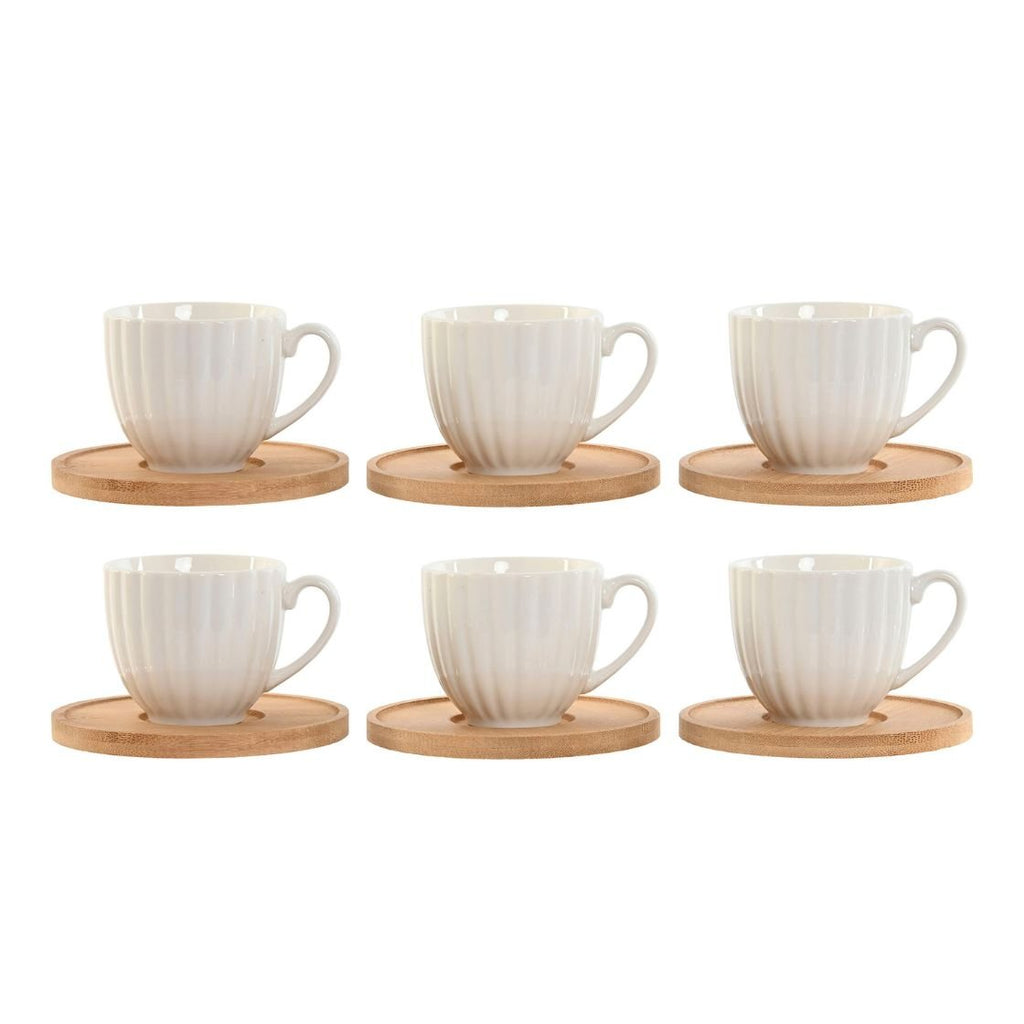 Set of 6 Striped Coffee Cups with Wooden Saucers