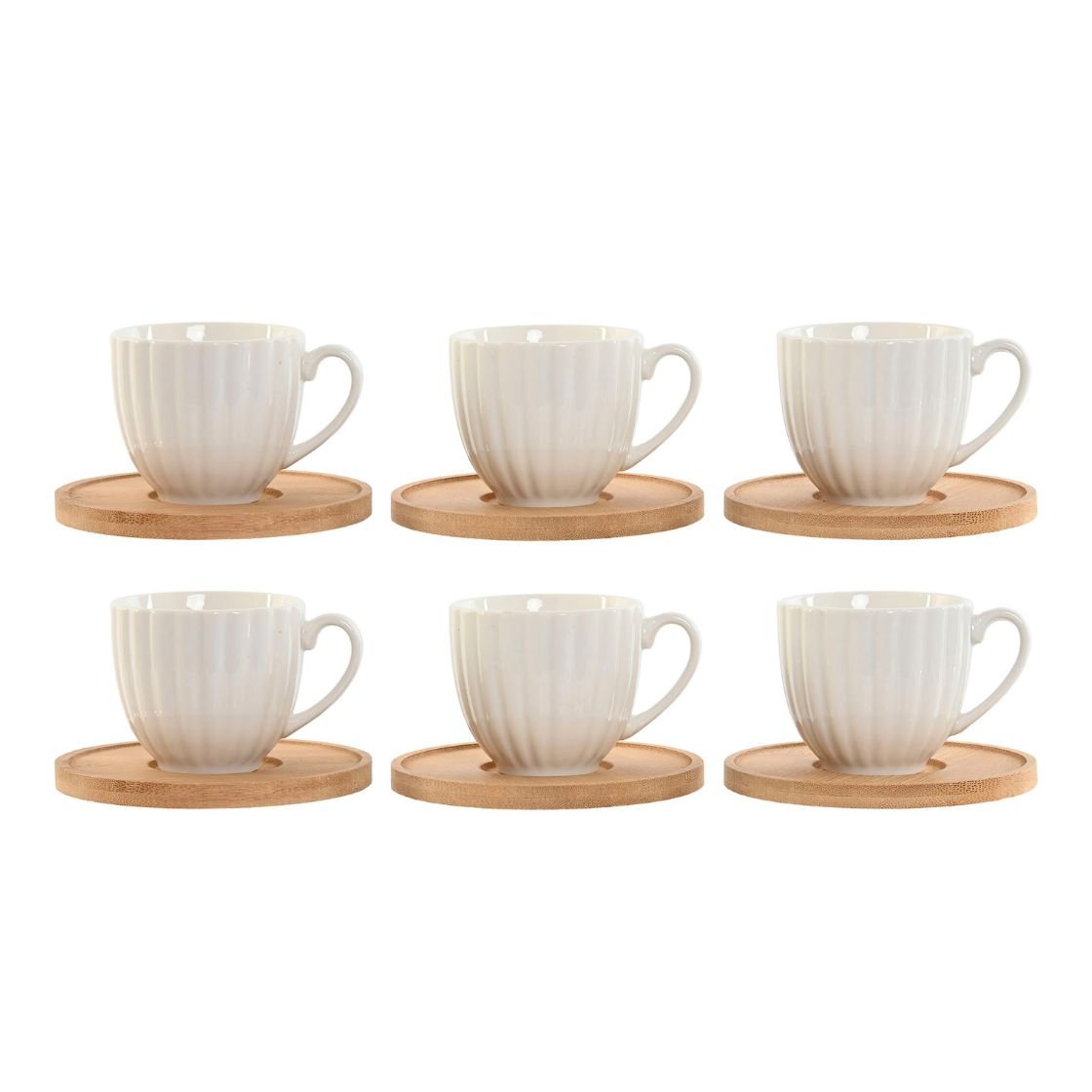 Set of 6 Striped Coffee Cups with Wooden Saucers