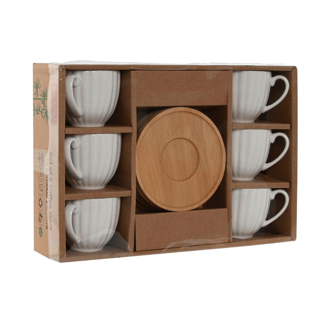 S/6 Stripped Coffee Cups on Wooden Saucer - LUXONAS