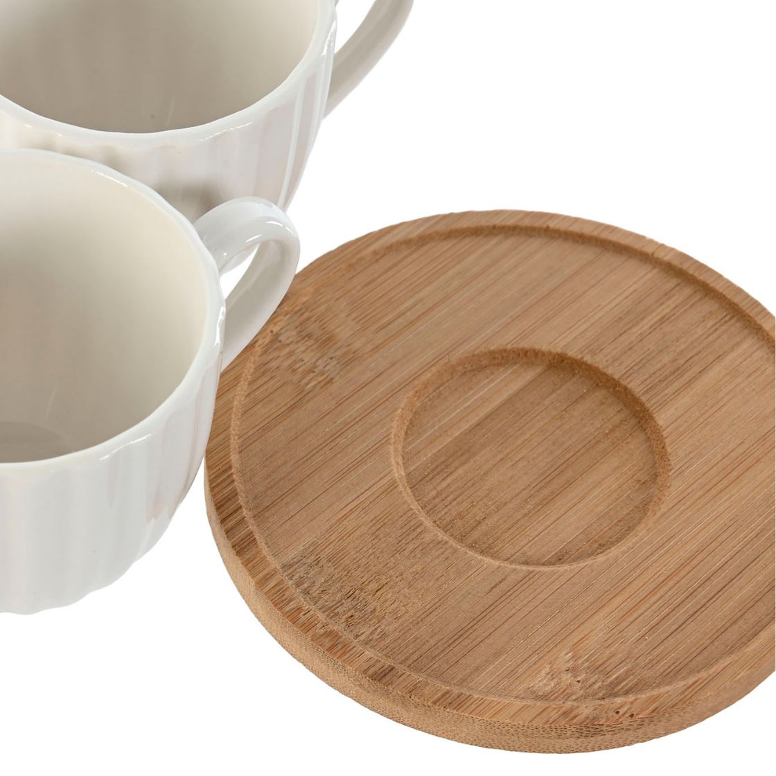 S/6 Stripped Coffee Cups on Wooden Saucer - LUXONAS