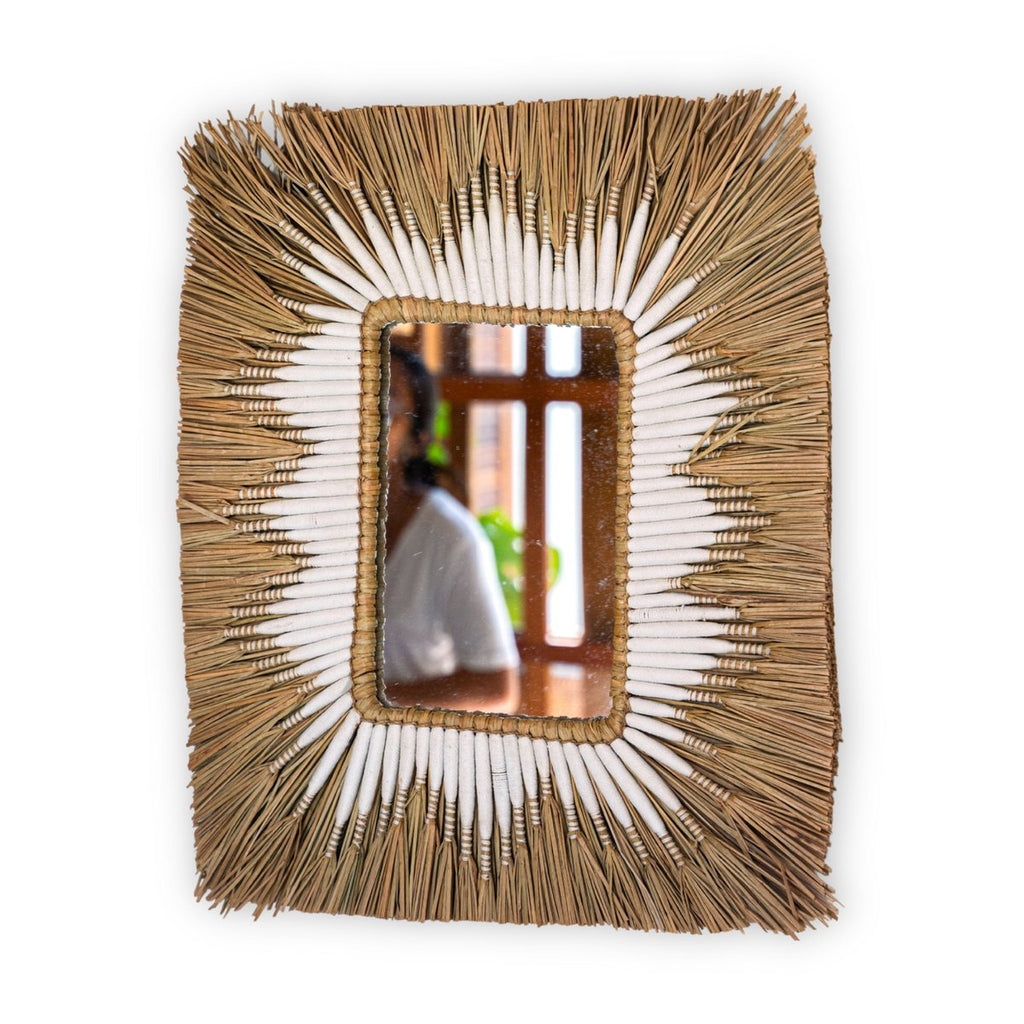 Seagrass Wall Mirror – Rectangular Boho Hanging Mirror – Fringe Wall Mirror with White Cotton Pattern 60x50 cm KIRANA - LUXONAS HOME