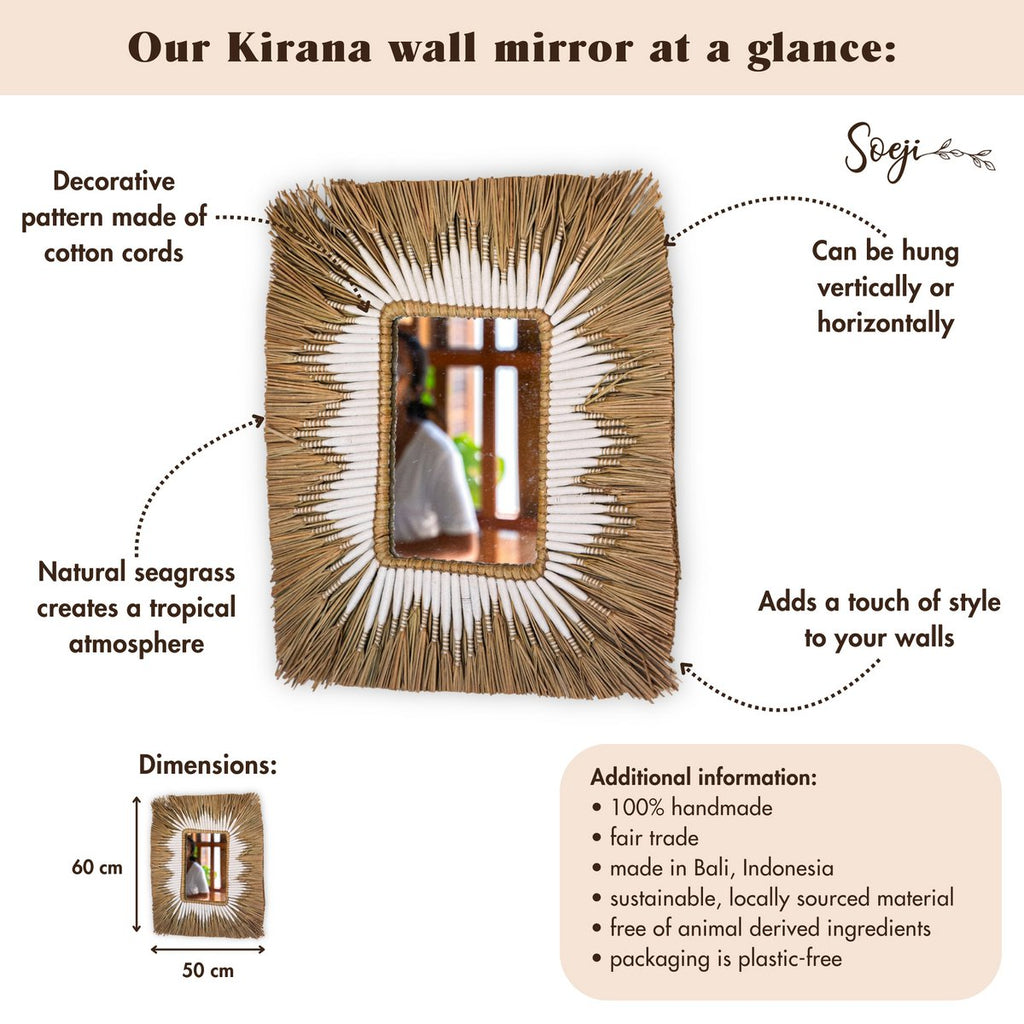 Seagrass Wall Mirror – Rectangular Boho Hanging Mirror – Fringe Wall Mirror with White Cotton Pattern 60x50 cm KIRANA - LUXONAS HOME