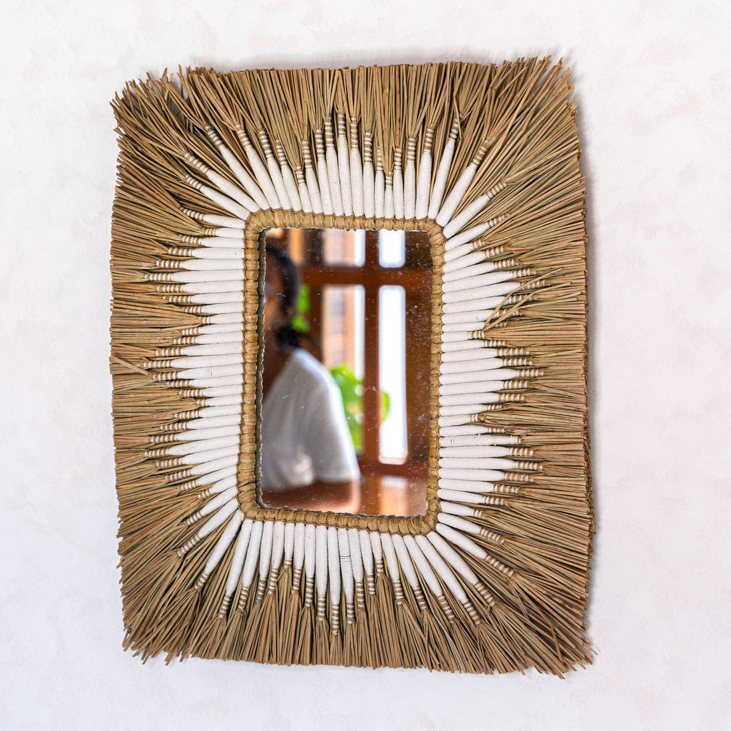 Seagrass Wall Mirror – Rectangular Boho Hanging Mirror – Fringe Wall Mirror with White Cotton Pattern 60x50 cm KIRANA - LUXONAS HOME