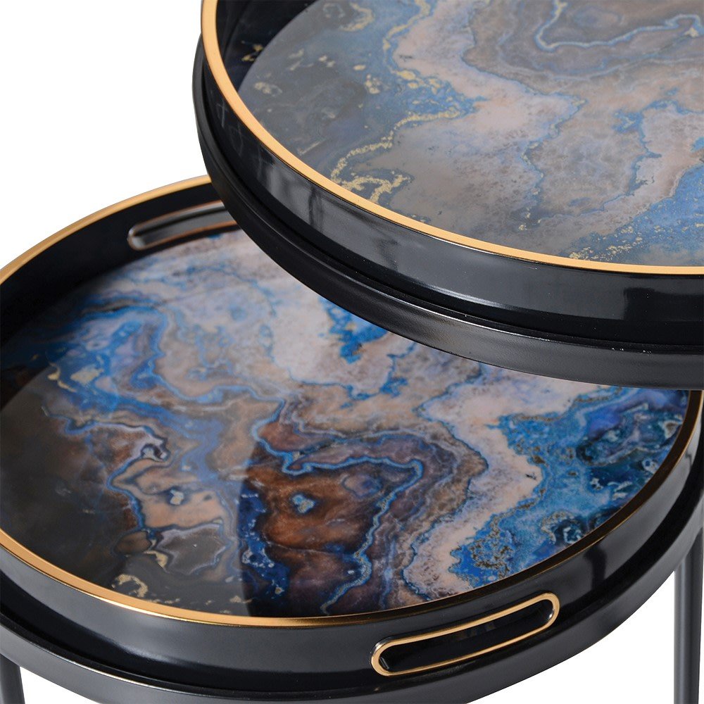 Set of 2 Blue Marble Effect Tray Tables - LUXONAS
