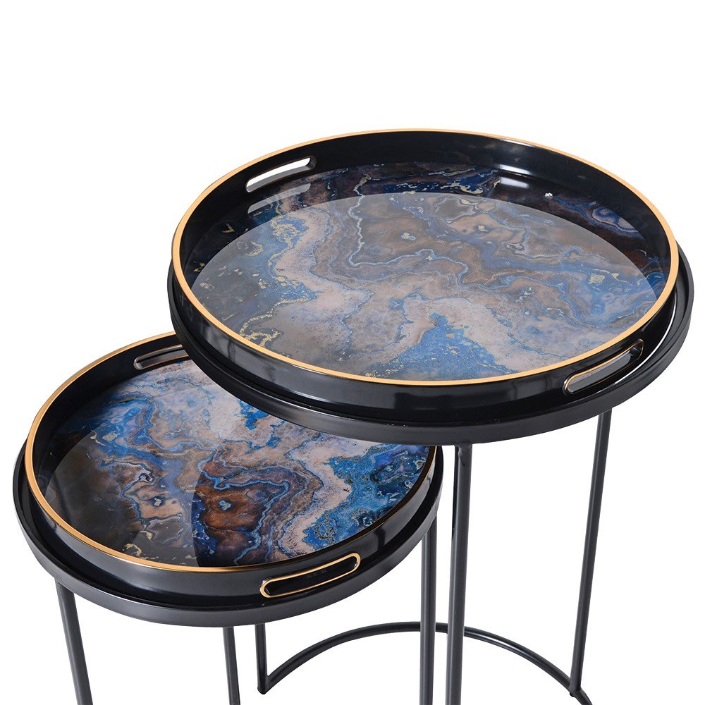 Set of 2 Blue Marble Effect Tray Tables - LUXONAS