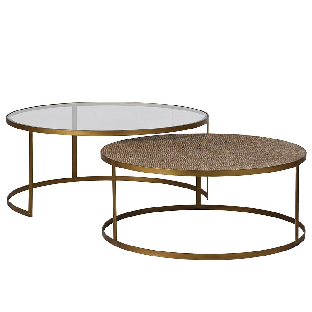 Set of 2 Nesting Round Coffee Tables with Aged Gold Finish and Rattan Detailing