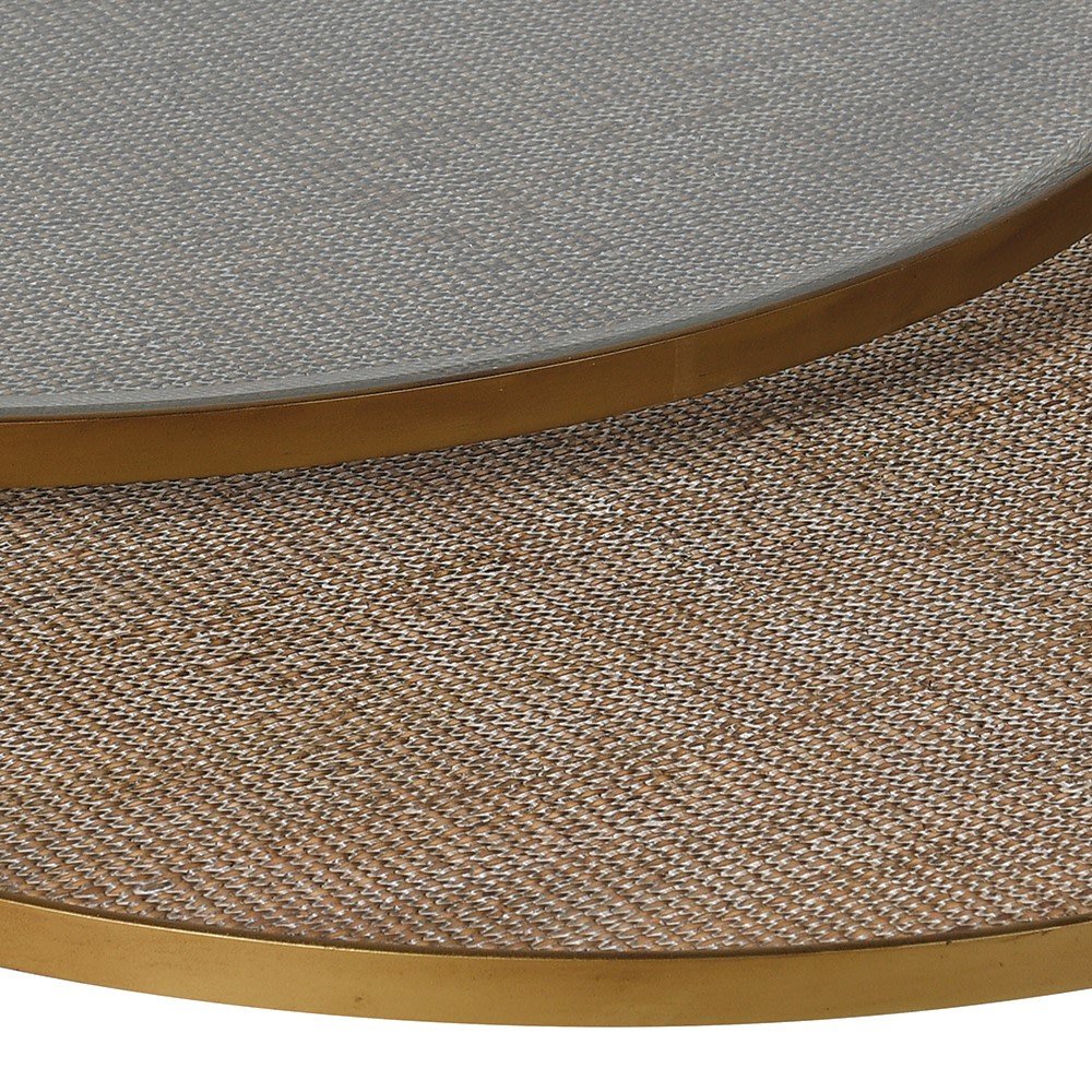 Set of 2 Nesting Round Coffee Tables with Aged Gold Finish and Rattan Detailing - LUXONAS HOME