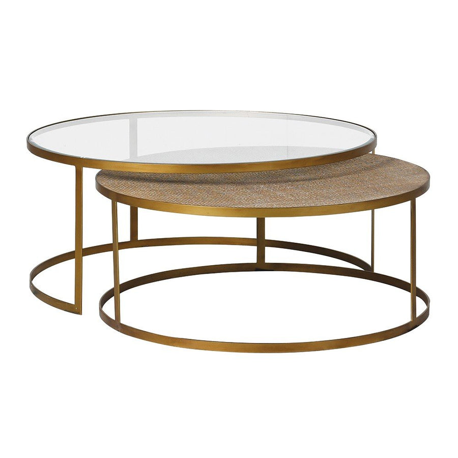Set of 2 Nesting Round Coffee Tables with Aged Gold Finish and Rattan Detailing