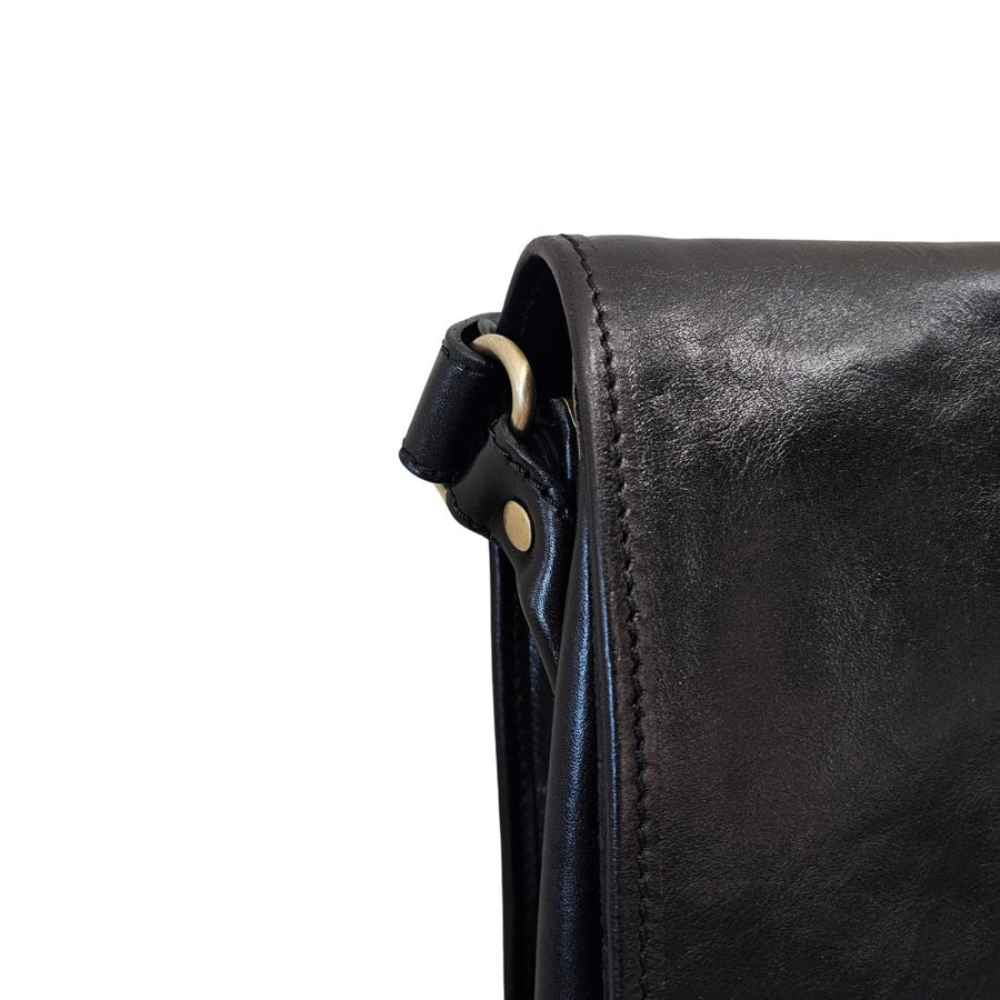 Shoulder Flap Over Leather Black Bag