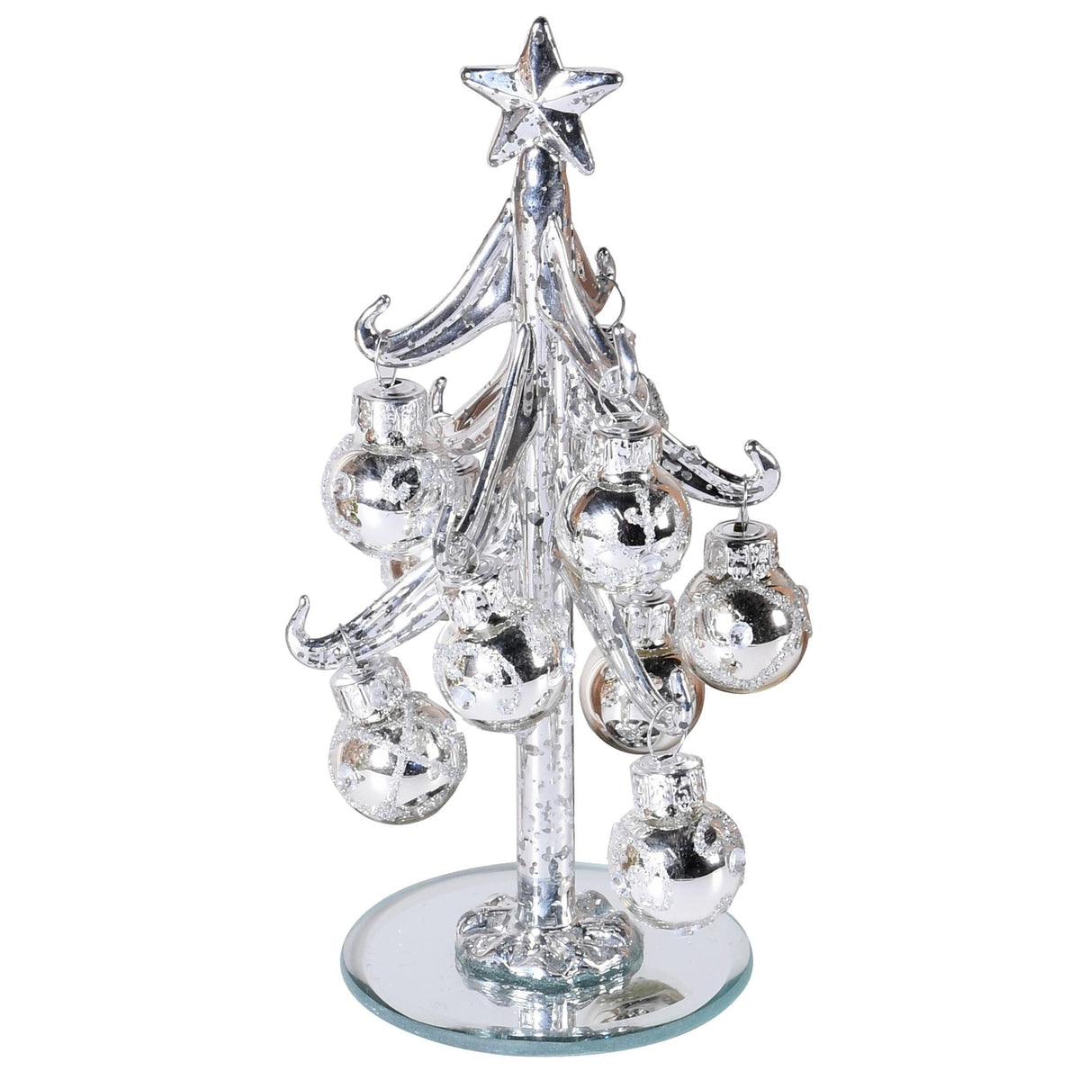 Silver Baubles on Glass Christmas Tree