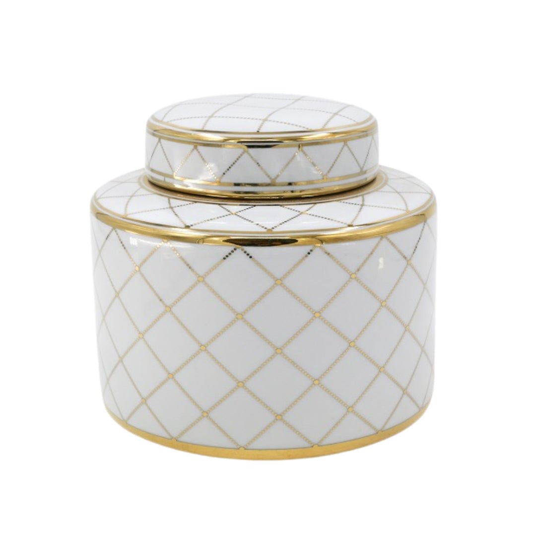Small Net White & Gold Ceramic Jar - LUXONAS