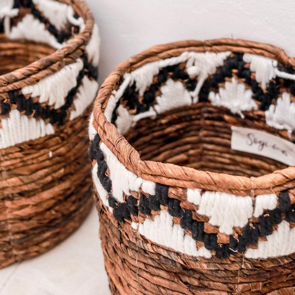 Small Round Basket for Plants or as Storage | Woven Boho Basket SADARA with Macrame Pattern - LUXONAS HOME