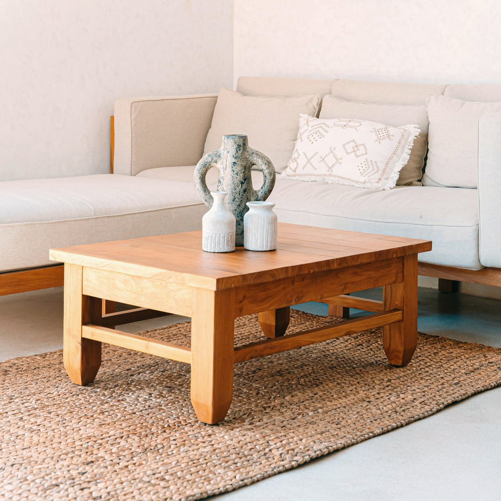 Square Boho Rug Made of Natural Fibres – Handwoven Floor Mat – Rectangular Brown Carpet – Large Water Hyacinth Rug 180 x 115 cm SAWAH - LUXONAS HOME