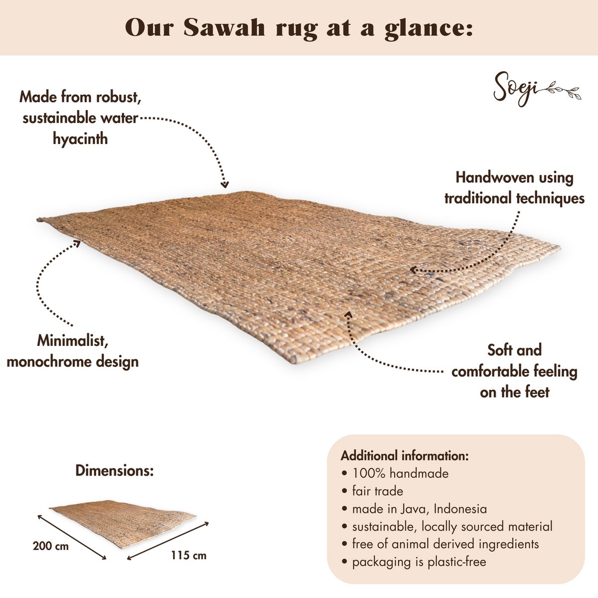 Square Boho Rug Made of Natural Fibres – Handwoven Floor Mat – Rectangular Brown Carpet – Large Water Hyacinth Rug 180 x 115 cm SAWAH - LUXONAS HOME