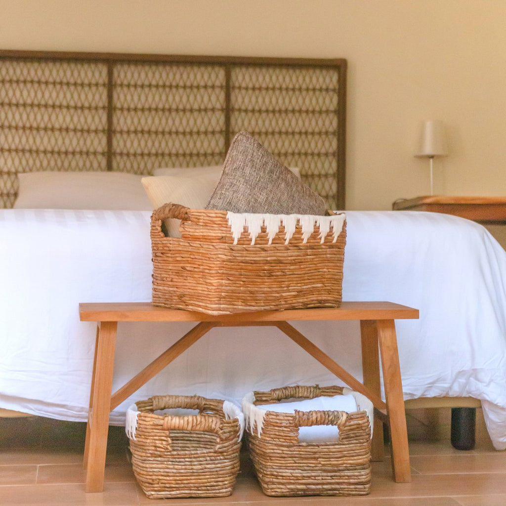 Storage Basket with Cotton Decor PISANG Decorative Basket Handwoven from Banana Fibre - LUXONAS HOME
