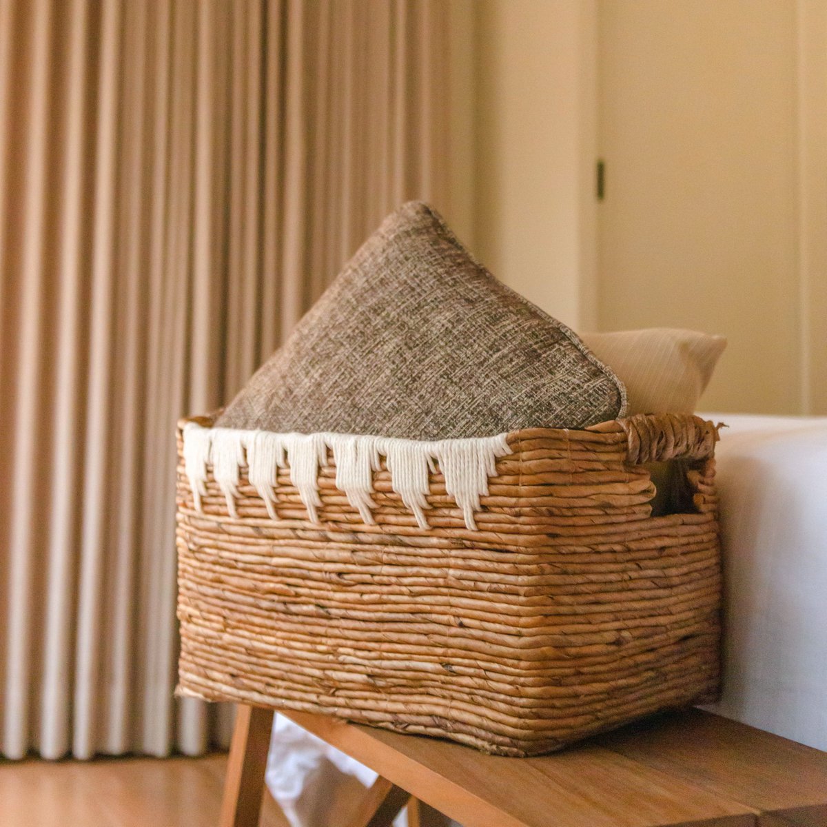 Storage Basket with Cotton Decor PISANG Decorative Basket Handwoven from Banana Fibre - LUXONAS HOME