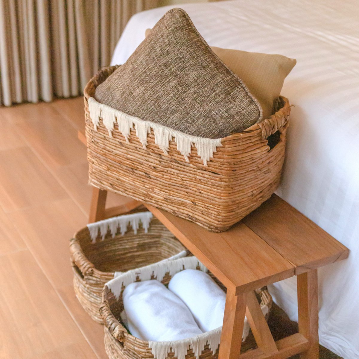 Storage Basket with Cotton Decor PISANG Decorative Basket Handwoven from Banana Fibre - LUXONAS HOME