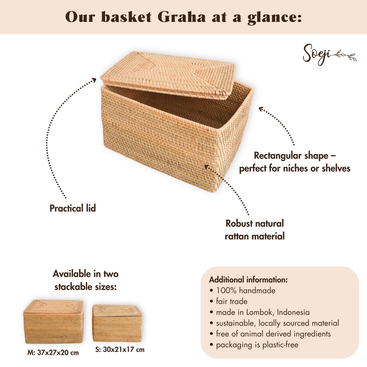 Storage Basket with Lid – Shelf Basket made from Beige Rattan – Handwoven Decorative Basket GRAHA (2 sizes) - LUXONAS HOME