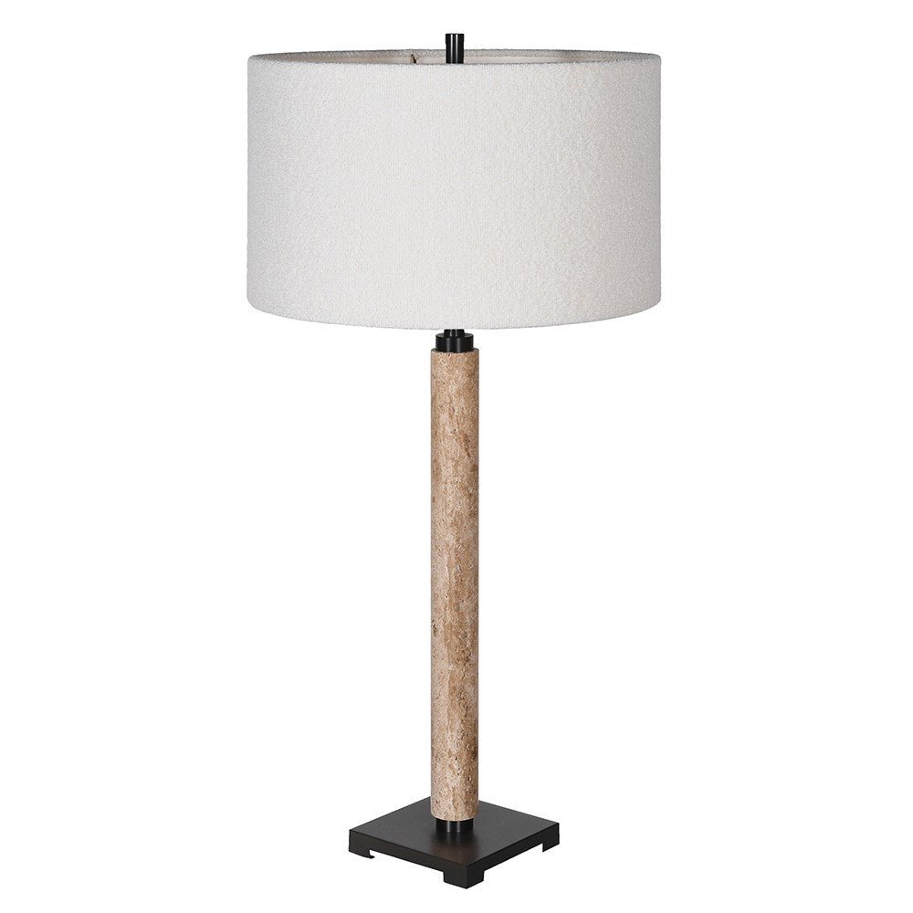 Travertine and Matt Black Table Lamp with Boucle - LUXONAS
