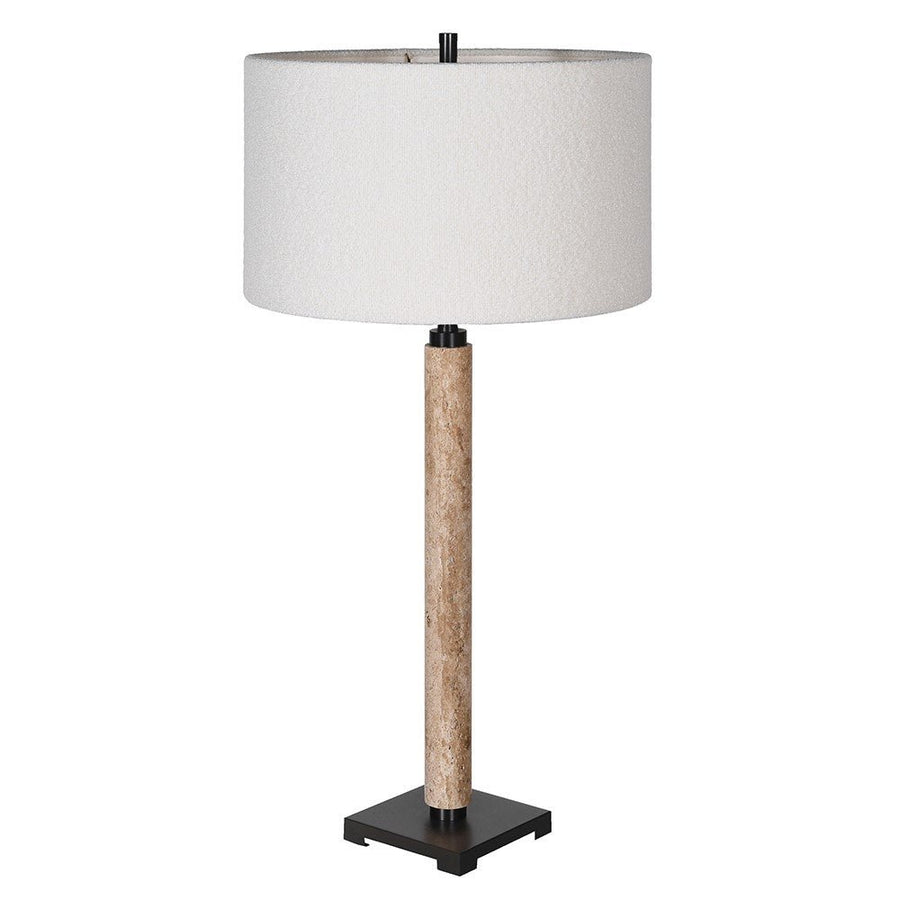 Travertine and Matt Black Table Lamp with Boucle
