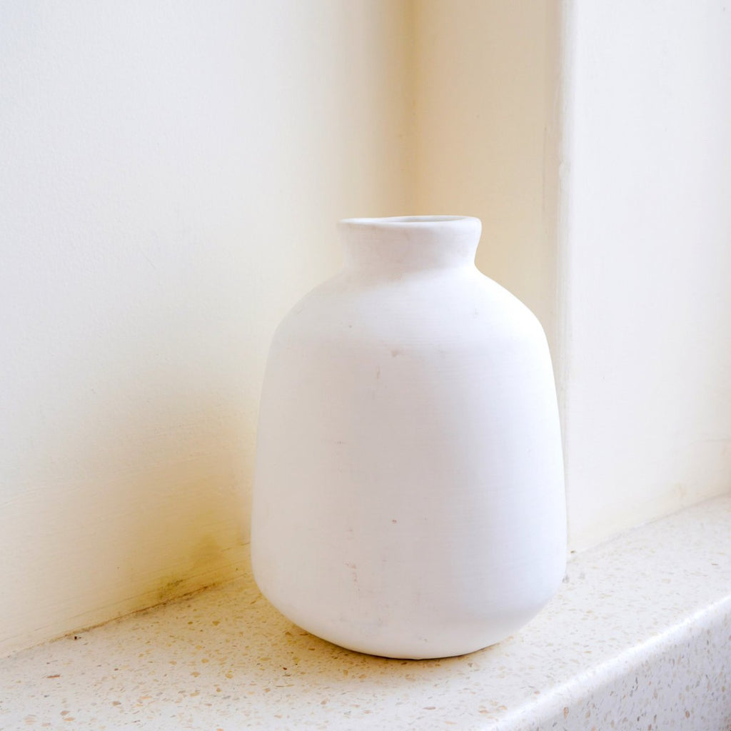 Vase White Small Round Decorative Vase for Dried or Fresh Flowers Hand Cast from Clay with BAWA - LUXONAS HOME