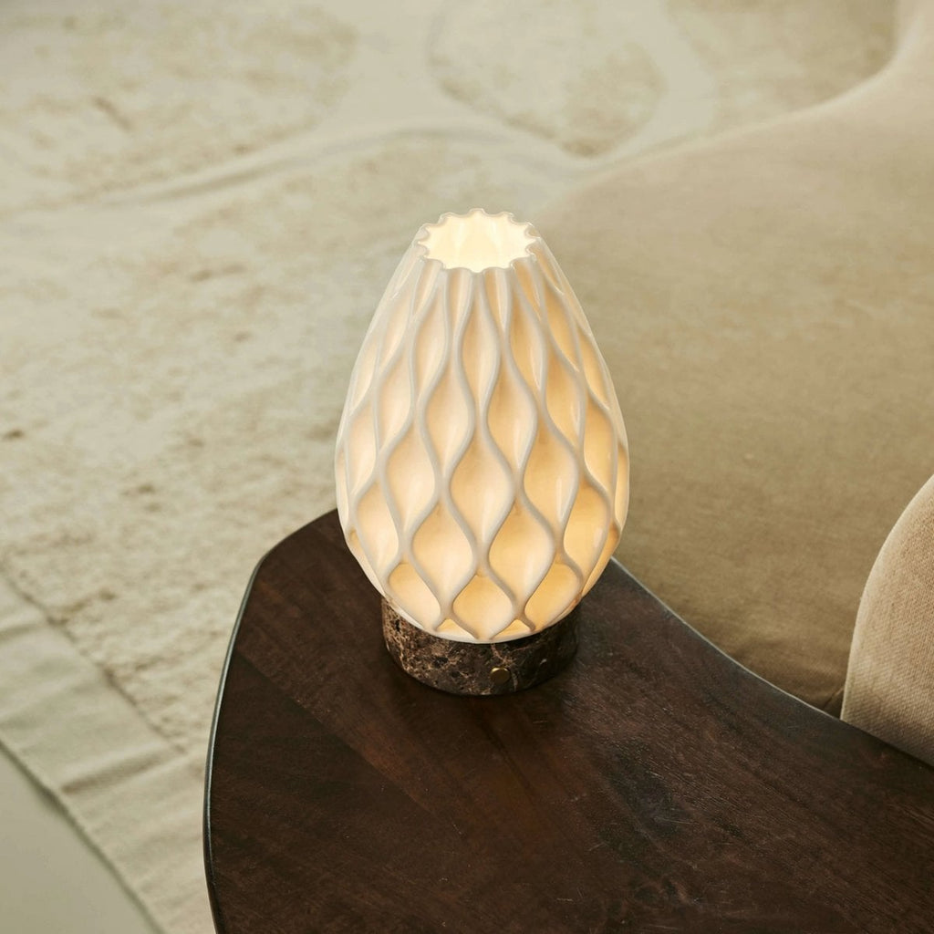 Vela Dark Brown – Emperador Dark Marble Cordless Table Lamp | 3D - Printed Porcelain, Dimmable & Up to 100 Hours of Battery Life - LUXONAS HOME