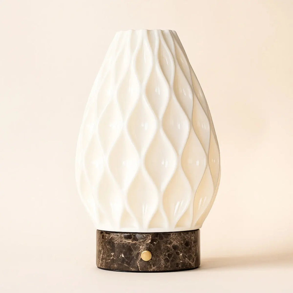 Vela Dark Brown – Emperador Dark Marble Cordless Table Lamp | 3D - Printed Porcelain, Dimmable & Up to 100 Hours of Battery Life - LUXONAS HOME