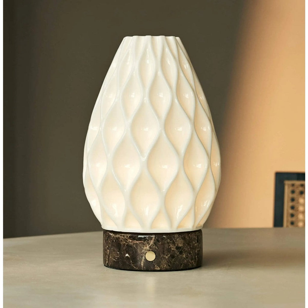 Vela Dark Brown – Emperador Dark Marble Cordless Table Lamp | 3D - Printed Porcelain, Dimmable & Up to 100 Hours of Battery Life - LUXONAS HOME