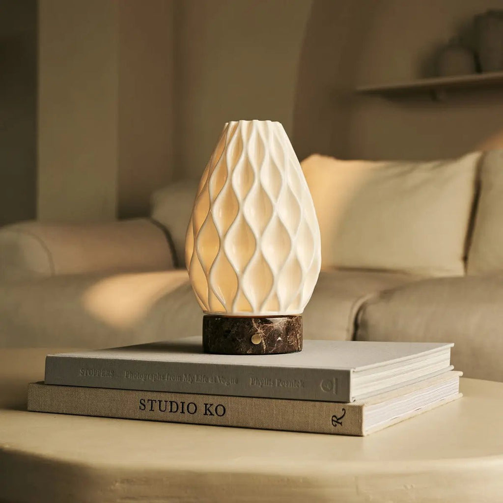 Vela Dark Brown – Emperador Dark Marble Cordless Table Lamp | 3D - Printed Porcelain, Dimmable & Up to 100 Hours of Battery Life - LUXONAS HOME