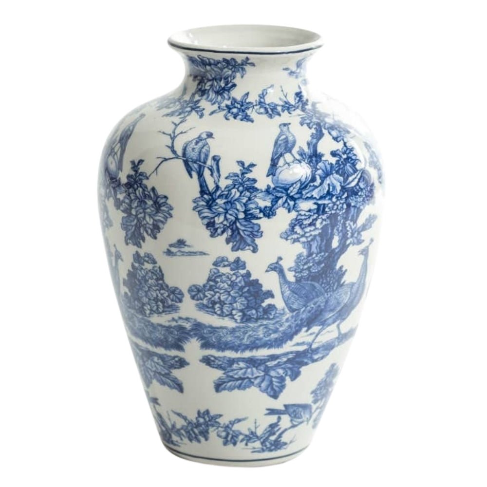White and Blue Ceramic Vase Featuring Tropical Bird Design - LUXONAS HOME