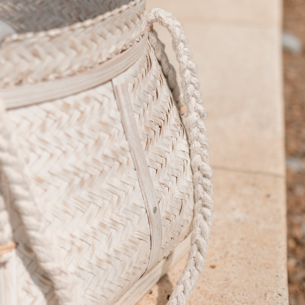 White BIKU Basket | Plant Basket | Laundry Basket | Large Round Boho Storage Basket Made of Bamboo - LUXONAS HOME