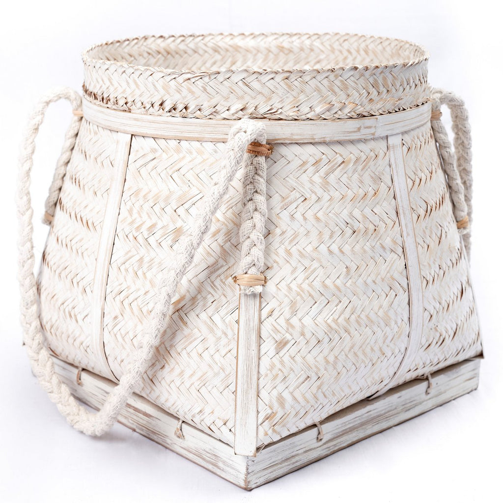 White BIKU Basket | Plant Basket | Laundry Basket | Large Round Boho Storage Basket Made of Bamboo - LUXONAS HOME