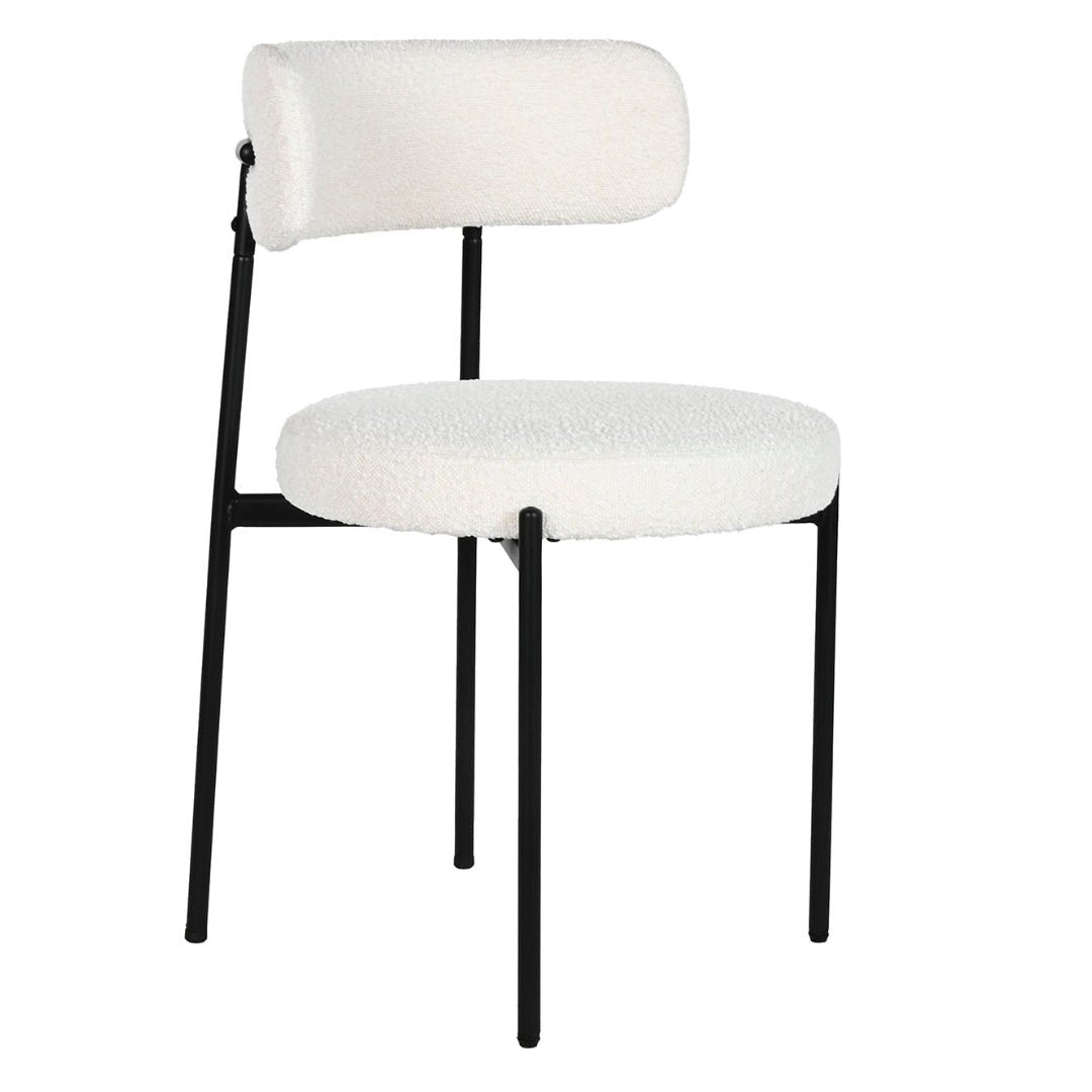 White Boucle Polyester Dining Chair with Black Metal Frame