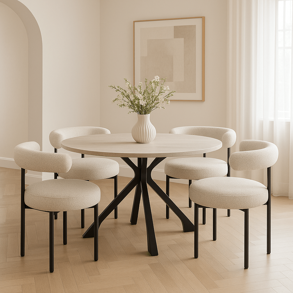White Boucle Polyester Dining Chair with Black Metal Frame - LUXONAS